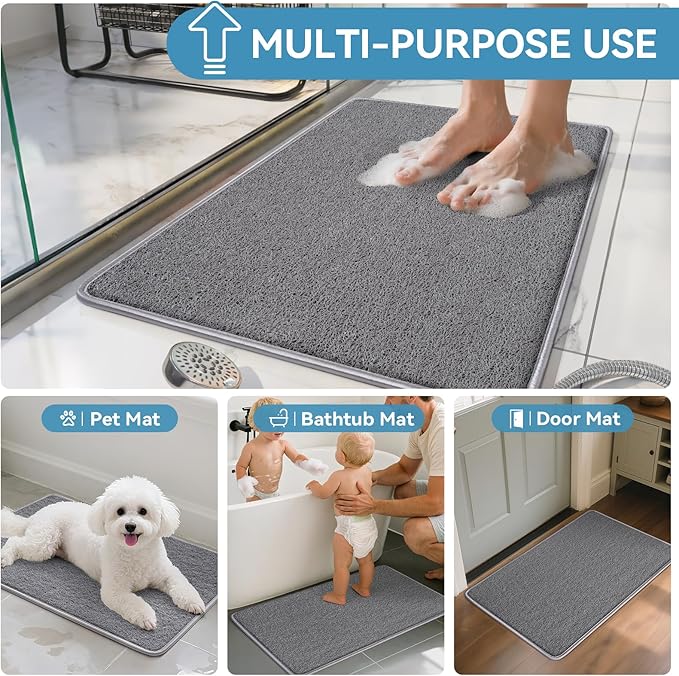 Non Slip Shower Mat Bathtub Mat 20x32 Inch, Quick Dry Bath Mat with Drain, Soft PVC Imitation Loofah Foot Scrubber Bath Mats for Bathroom Tub Shower Floor, Hangable & Hook Included, Gray