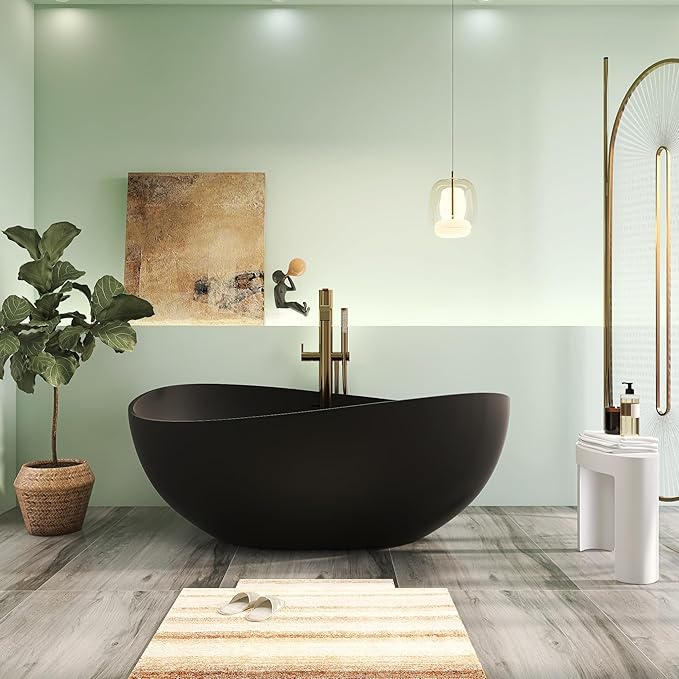 63" Premium Solid Surface Freestanding Bathtub, Contemporary Design Stand Alone Stone Resin Tub with Overflow and Pop-up Drain, Matte Black