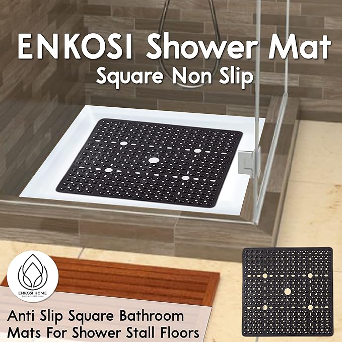 ENKOSI Square Shower Mat 27x27 inch - Large Anti Slip Shower Floor Mat - Non Slip Bathroom Shower Stall Mats with Strong Secure Suction Cups and Drain Holes in Middle (Navy Blue 27x27)