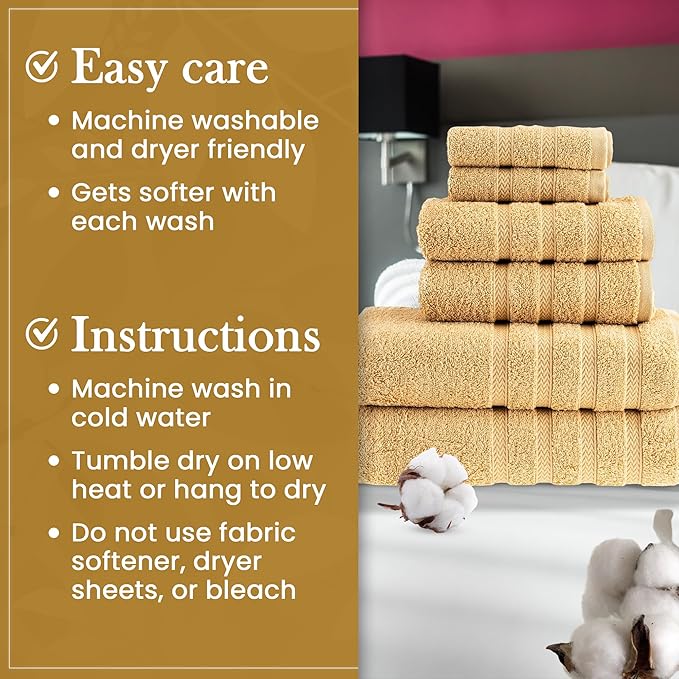 HALLEY Turkish Towels Set (6 Pieces) 650 GSM Highly Absorbent Super Soft 100% Cotton - 2 Bath Towels, 2 Hand Towels 2 Washcloths (Yellow)