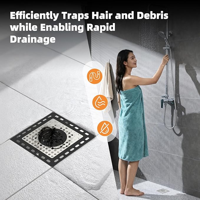 Hibbent 2 Pack Upgraded Shower Drain Hair Catcher, Shower Drain Cover for Bathroom Floor 4" Drain, Anti-Clogging Bathtub Drain Strainer, Stainless Steel Kitchen Sink Drain Strainer with Handle, Black