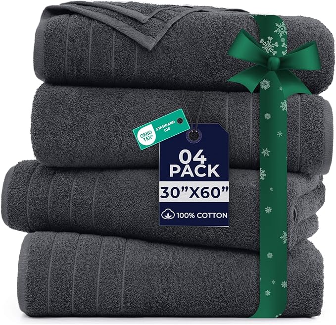DAN River Extra Large Bath Towels Set of 4, 30 x 60 Inches - 100% Cotton Larger & Lighter Weight Towels for Bathroom - Quicker to Dry, Super Soft & Highly Absorbent Towels for Home, Charcoal