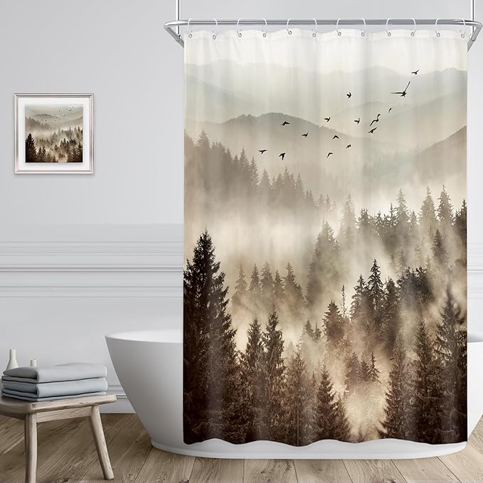 Riyidecor Foggy Mountain Shower Curtain 48Wx72H Inch RV Narrow Nature Scenery Tree Rustic Natural Woodland Alpine Landscape Modern Abstract Bathroom Decor Fabric Polyester Waterproof 8 Pack Hooks