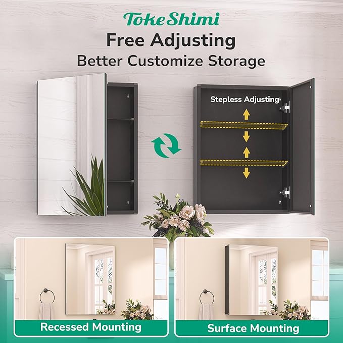 TokeShimi 36 x 24 Recessed Medicine Cabinet Mirror with Storage Black, Aluminum Tempered Wall Medicine Cabinet Mirror Bathroom with Adjustable Metal Shelves Modern