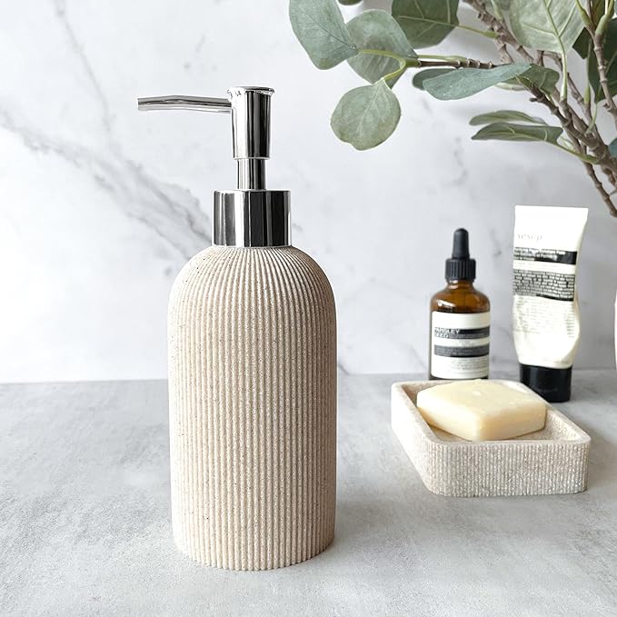 Lunestella Elegant Boho Beige Hand Soap Dispenser with Silver Pump, for Bathroom and Kitchen, Rust Proof, 7oz