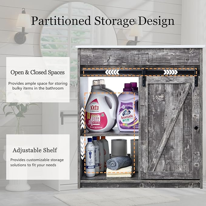 30" Farmhouse Bathroom Vanity with Sink, Freestanding Bathroom Storage Vanity Cabinet w/Sliding Barn Door & 3 Drawers, Adjustable Shelves, Light Grey