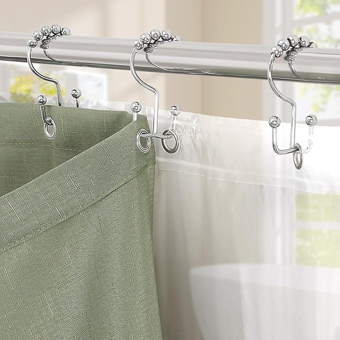 MitoVilla 3 in 1 Shower Curtain Set, Sage Green Boho Farmhouse Linen Textured Bath Curtain and Clear PEVA Liner Set with 12 Double Sided Steel Hooks, Waterproof Fabric Hotel Bathroom Curtain - 72x72