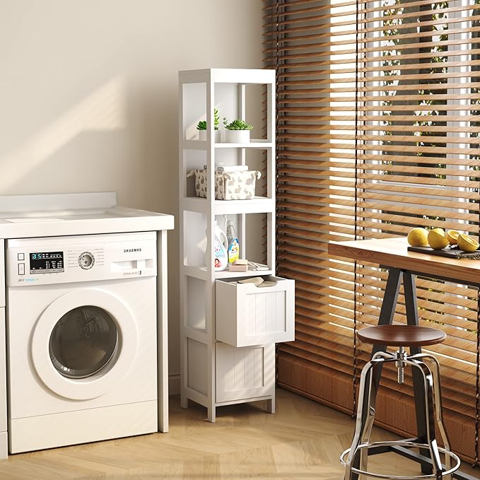 HOMEFORT Bathroom Storage Cabinet, Slim Tall Cabinet, Narrow Floor Cabinet Organizer, Wooden Linen Tower with 2 Drawers and 3 Shelves, Freestanding Cupboard White