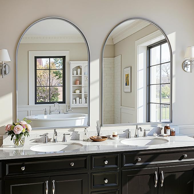 Arched Mirror 24"x36", Bathroom Mirror, Wall Mounted Vanity Mirror with Arch Metal Frame for Bathroom, Over Sink, Bedroom, Living Room, Deep Frame, Silver