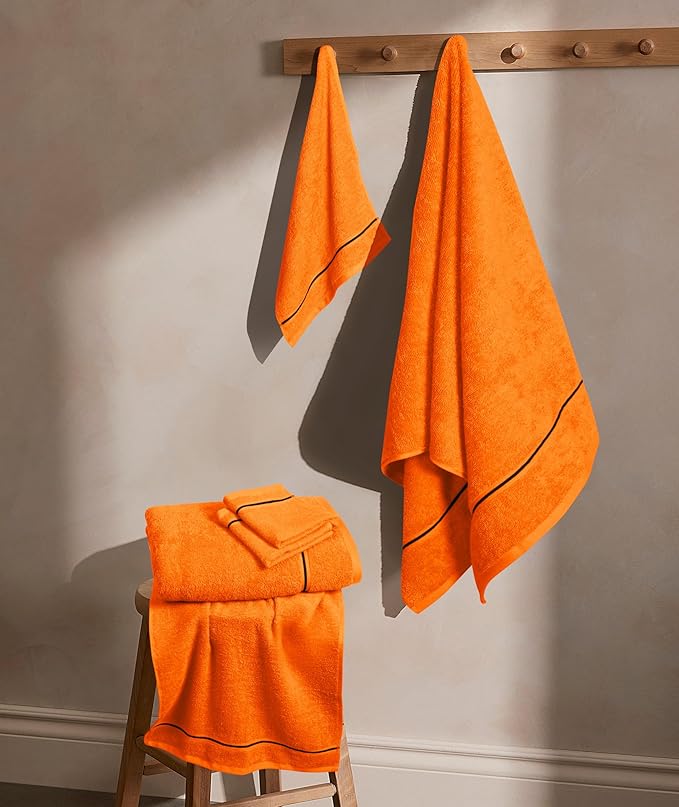 MyOwn Ultra Soft 6 Pack Cotton Towel Set, Contains 2 Bath Towels 28x55 inch, 2 Hand Towels 16x24 inch & 2 Wash Coths 12x12 inch, Ideal Everyday use, Compact & Lightweight - Orange