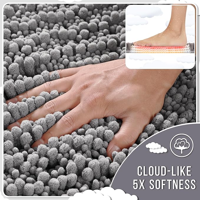 Yimobra Bathroom Rugs Sets 2 Piece - Quick Dry Extra Thick Luxury Chenille Bath Mat, Non Slip Super Absorbent for Tub Shower Sink, Machine Washable Shaggy Floor Mat, 32"x20"+24"x20" Inch, Grey
