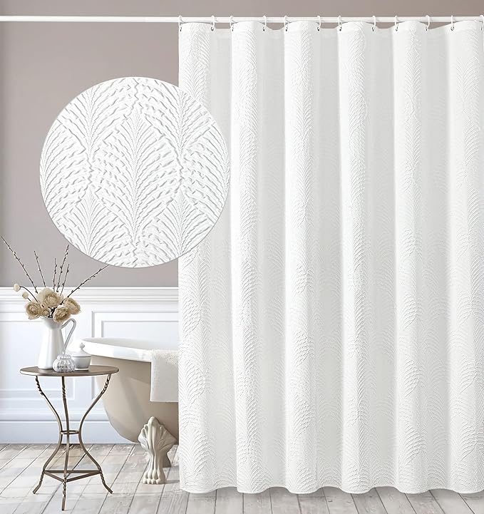 Gibelle Extra Long Shower Curtain 72 x 84, Tall 3D Embossed Textured White Fabric Shower Curtain, Modern Farmhouse Chic Soft Cloth Bathroom Curtains Shower Set with Hooks