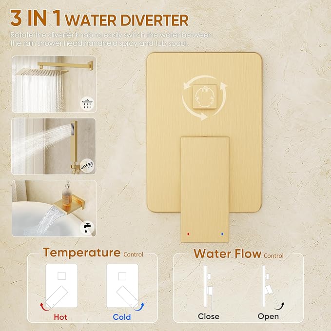 Gold Tub Shower System, All Metal Tub Shower Faucet Set with 12" Rain Shower Head and Handheld Spray combo, Wall Mounted Shower Systems with Tub Spout, Valve and Trim Kit, Brushed Gold