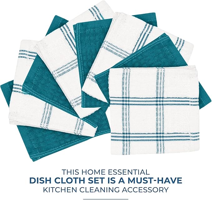 DAN RIVER Premium Dish Cloth 100% Cotton 12 X 12 Inches |Pack of 8|-Ultra Soft Tea Towels-Highly Absorbent Kitchen Rags-Terry Dishcloth for Kitchen and Household Cleaning |Teal|
