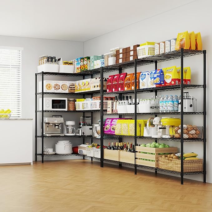 5 Tier Storage Racks Shelving, Heavy Steel Pantry Shelves, Adjustable Wire Shelving Rack, Suitable for Garage, Kitchens, Offices, 69.7" W x 16" D x 71" H, Black