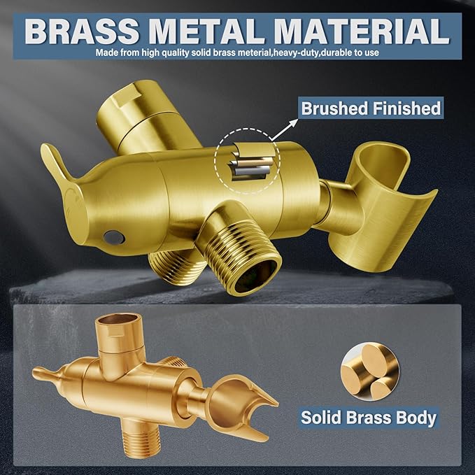 Metal Shower Arm Diverter with Handheld Mount, G1/2" 3-Way Shower Diverter Valve Bathroom Universal Showering System Replacement for Handheld Wand and Fixed Sprayer, Brushed Gold