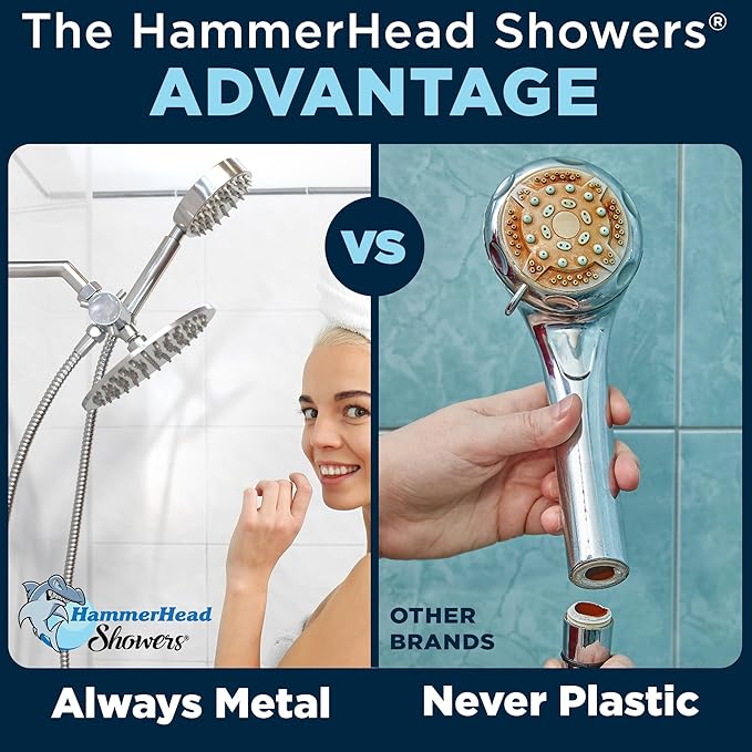 HammerHead Showers® Solid Metal Dual Shower Head Combo – CHROME – 8 Inch Rainfall High Flow Shower Head & Handheld Shower Head High Pressure with Hose 6ft - Hotel-Like Double Shower Heads