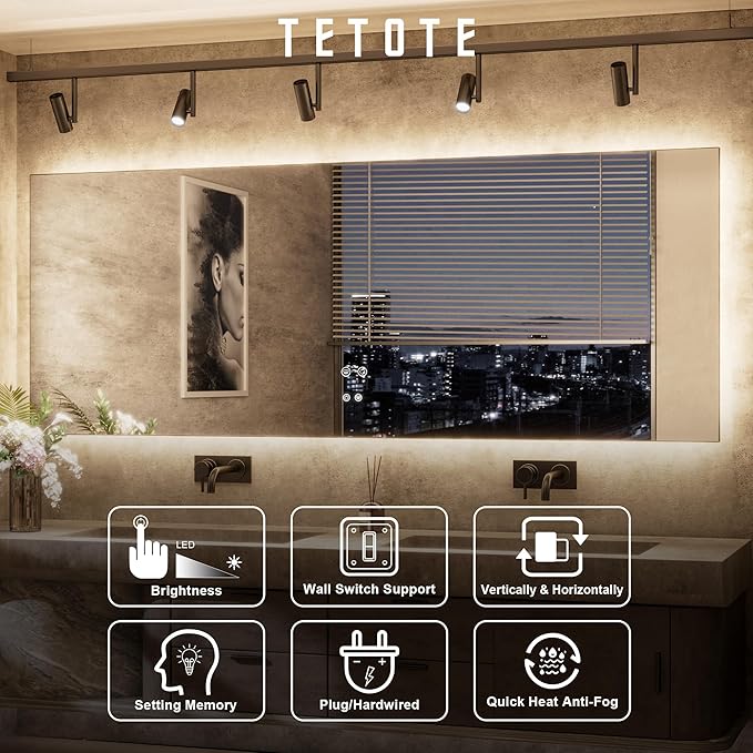 TETOTE 96 x 36 Inch LED Backlit Bathroom Mirror with Lights,3Color White/Warm/Natural,Anti-Fog Lighted Mirror,Dimmable,Vanity Mirror,Wall Mounted