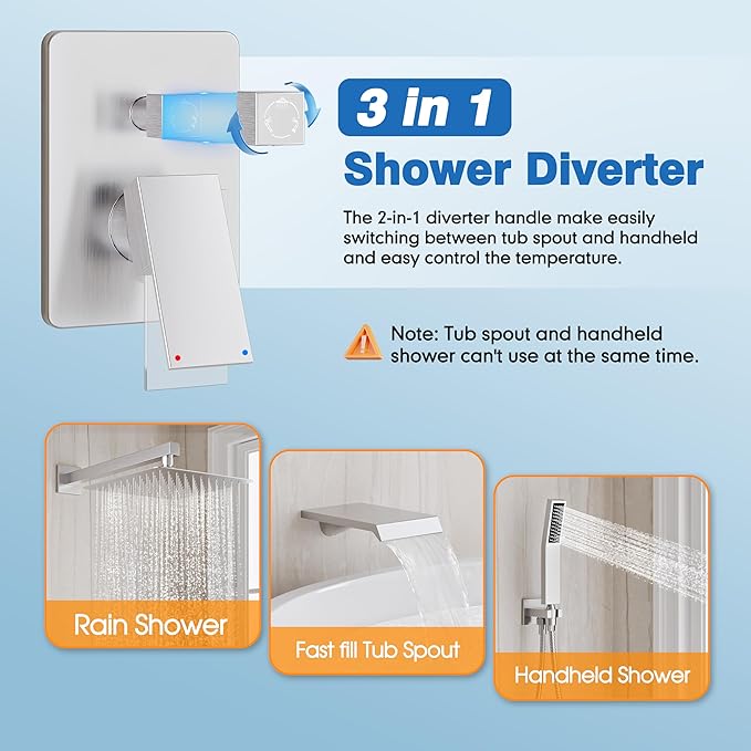 Shower System with Tub Spout, All Metal Tub Shower Faucet Set with 10'' Rain shower heads and handheld spray combo,Wall Mounted Tub Shower Systems with Valve and Trim Kit, Brushed Nickel