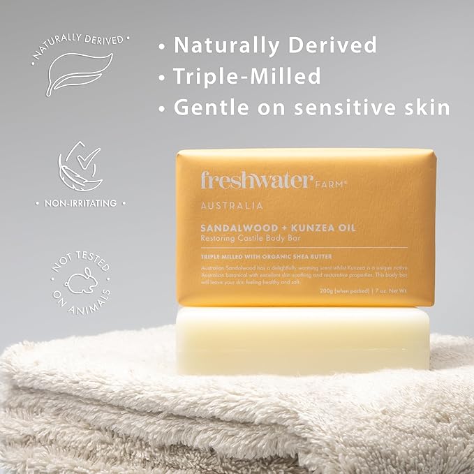 Freshwater Farm Australia Natural Soap Bar- Healing Sandalwood + Kunzea Oil 7oz x 8 Pack.Castile Natural Bar Soap/Body Soap Bars With Essential Oil For Sensitive Skin