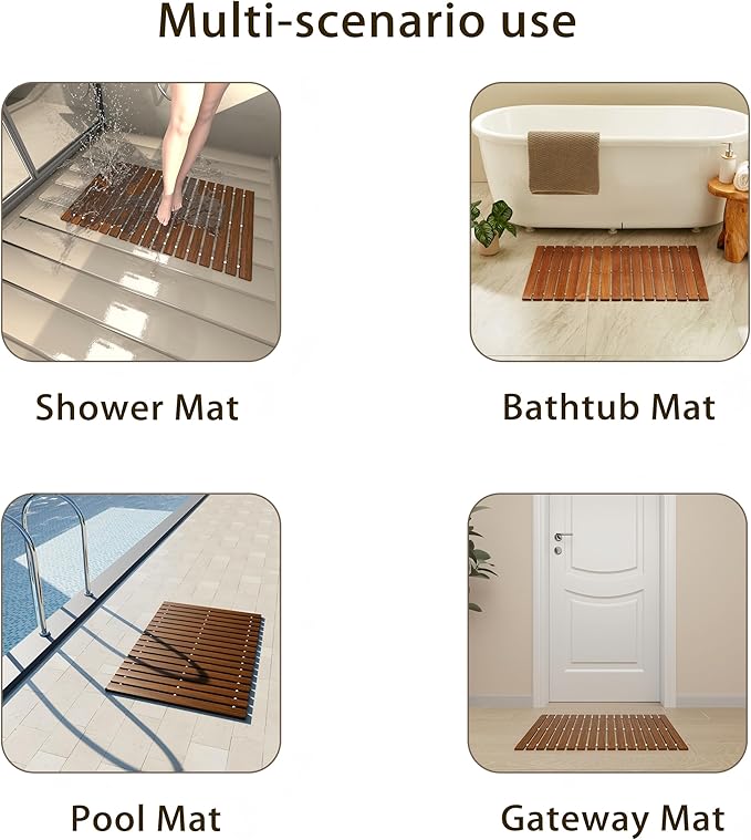 Teak String Shower Mat,Wood Non Slip Bath Mats for Bathroom, Quick Dry Bath Tub Mat for Spa, Sauna, Pool, Hot Tub Flooring Decor and Protector(19.7" W x 31.5" L)