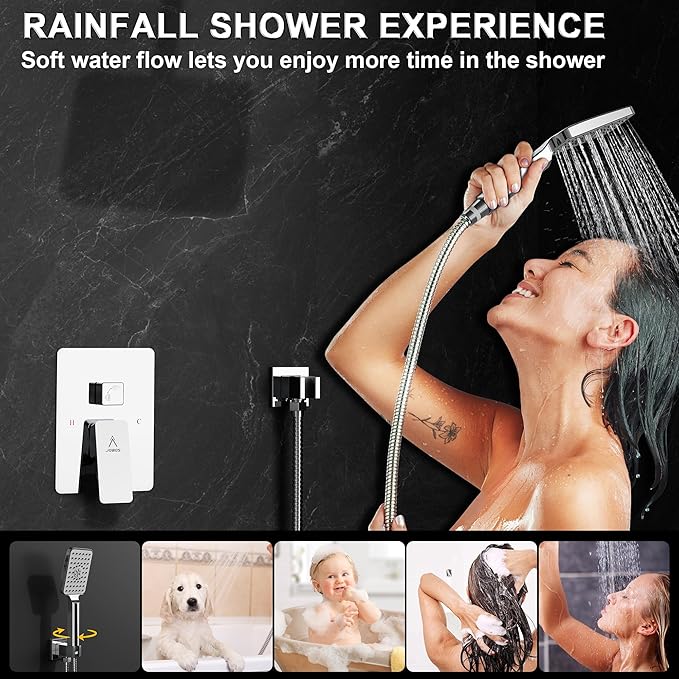 Rain Shower System 10IN Modern Brass Faucet Set With Valve and Diverter Shower Mixer With Handheld High Pressure Square Rainfall Shower Valve (10'' Wall Mount, Chrome Polished)