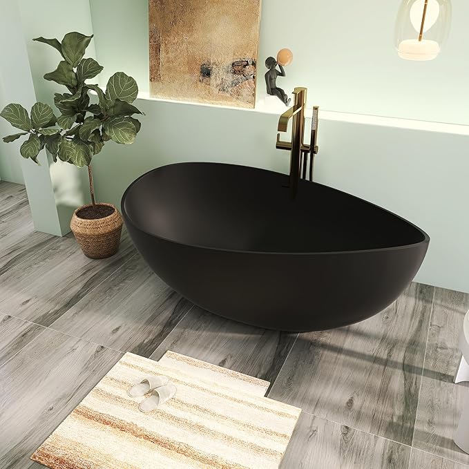 63" Premium Solid Surface Freestanding Bathtub, Contemporary Design Stand Alone Stone Resin Tub with Overflow and Pop-up Drain, Matte Black