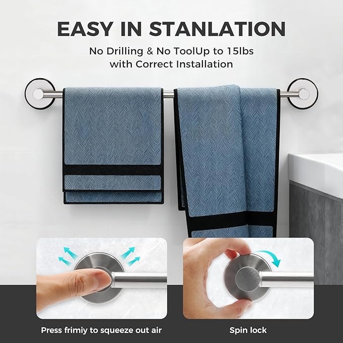 Adjustable Suction Cup Towel Bar for Bathroom Wall,14.6Inch~24 Inch Towel Racks for Bathroom,Stainless Steel Bath Towel Holder for Shower,2 Pack(Brushed Silver)