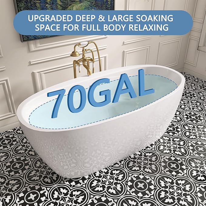 67" Free Standing Tub, Pure Acrylic Freestanding Bathtub, Stylish Stand Alone Tub, Contemporary Deep Soaking Bath Tub, cUPC Certified (Glossy White)