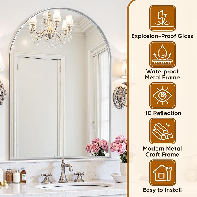 Arched Mirror 24"x36", Bathroom Mirror, Wall Mounted Vanity Mirror with Arch Metal Frame for Bathroom, Over Sink, Bedroom, Living Room, Deep Frame, Silver