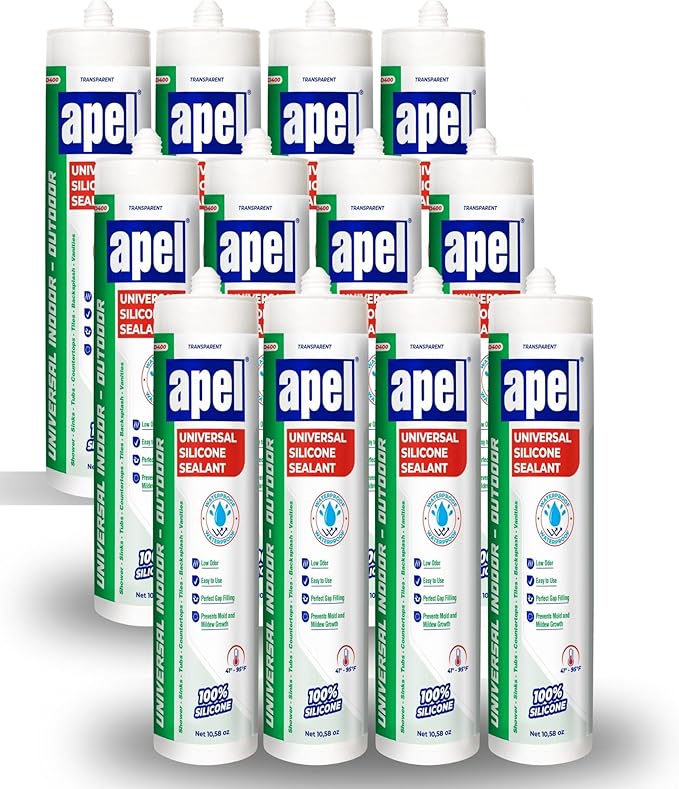 apel All Purpose Clear Silicone Sealant Waterproof (12 x 10.5 fl.oz.), 100% Silicone Caulk, Weatherproof & Flexible Adhesive Sealant for Indoor and Outdoor Use, Transparent - 12 Pack