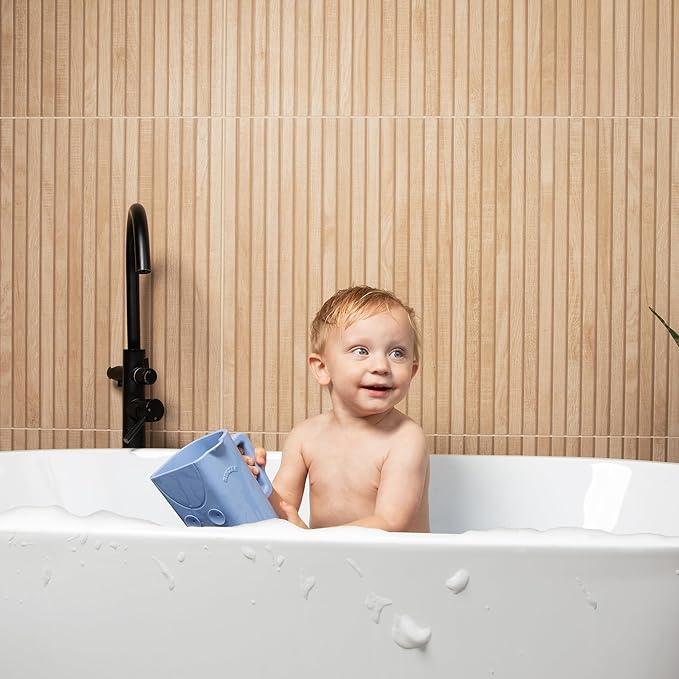 Rinzee® Baby Bath Cup with Suctions - BPA Free, 100% Food Grade Silicone Rinse Cup, Clutter-Free Tub Area, Kids Learning Tool, Sticks to Tiles, Drains Water Upside Down- Patent Pending