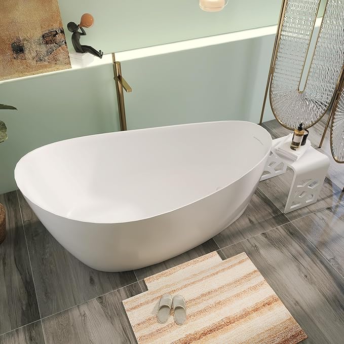 Premium Unique 65" Solid Surface Freestanding Tub, Upgraded Matte White Stone Resin Bathtub with Overflow and Pop-up Drain