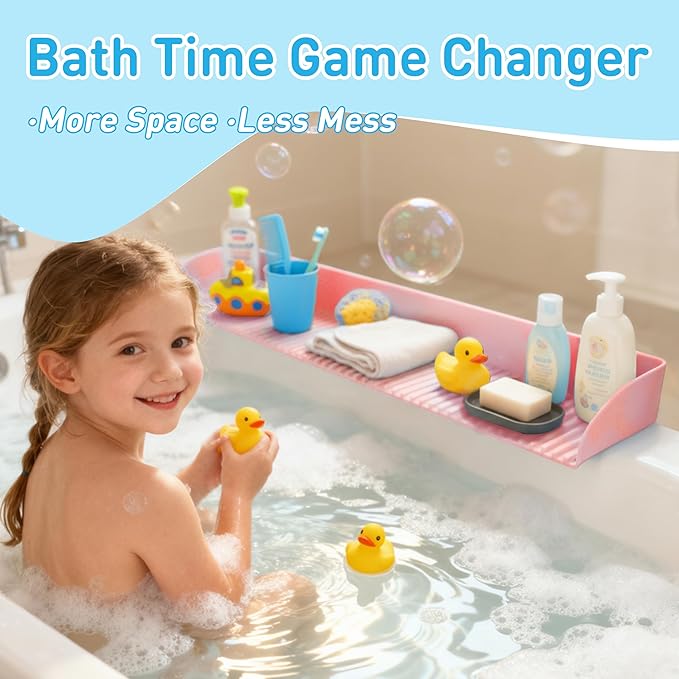 Roslim Bathtub Splash Guard Play Shelf - Silicone Toy Tray Holder Storage for Kids’ Bath Time, Tub Shelf with Suction Cups, Prevent Water Spilling in Bathroom, Kids Bath Accessories,Fairy Pink