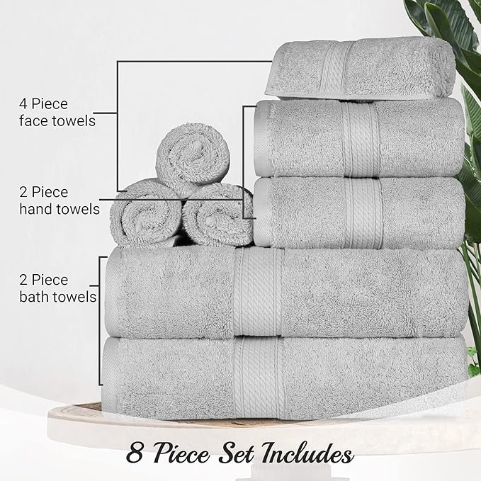 BLUENILEMILLS Madison Egyptian Cotton Towels, Towel Set for Bathroom, Shower, Hotel, Plush, 800 GSM, Highly Absorbent and Ultra-Soft Towels, Bath Essentials, 8 Piece Assorted Towel Set, Silver