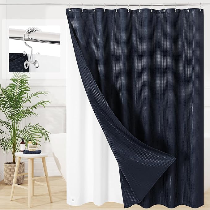 3 in 1 Shower Curtain Set, Navy Blue Waffle Shower Curtain and PEVA Liner Set with 12 Stainless Steel Shower Curtain Hooks, Waterproof Fabric Shower Curtains for Bathroom, 72 W x 72 H
