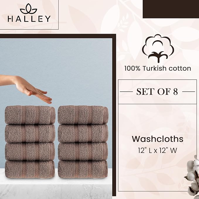 HALLEY Turkish 8 Pack Premium Washcloths (8 Pieces) 650 GSM Highly Absorbent Super Soft 100% Cotton - 8 Washcloths (Brown)