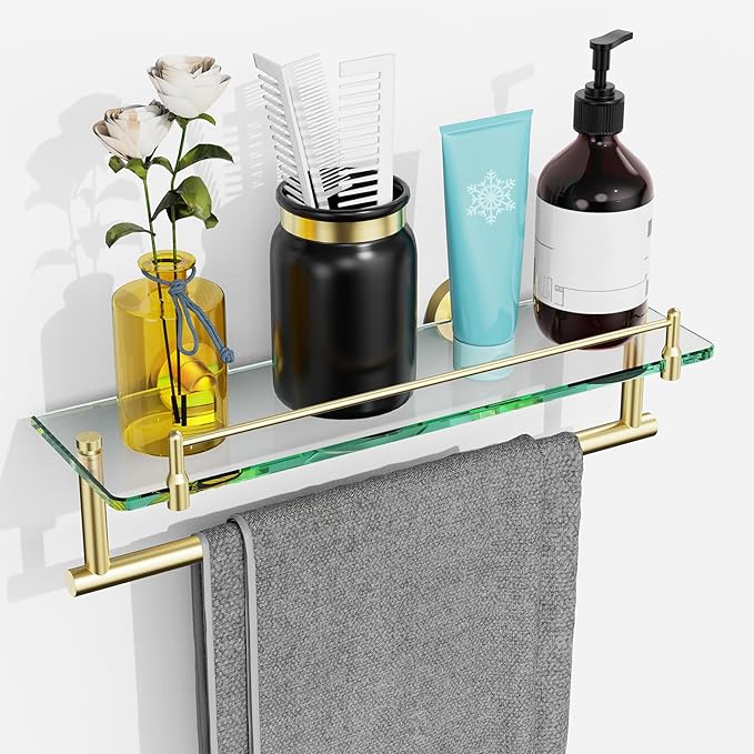 16-Inch Floating Tempered Glass Bathroom Shelf with Towel Bar - Brushed Gold & Stainless Steel, Wall Mount