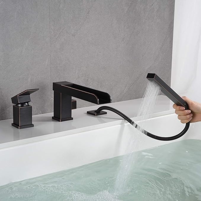 Waterfall Roman Tub Faucets Deck Mount Oil Rubbed Bronze Bathtub Faucets Brass Tub Filler Bathroom Faucets with Hand Shower