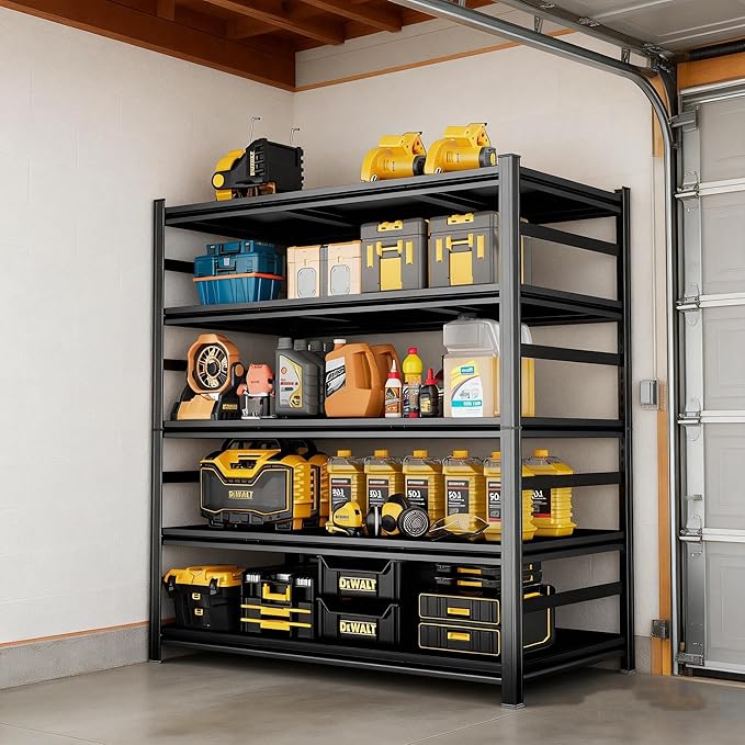 77.5"H*45"W Five-Shelf Metal Garage Shelving Unit Adjustable Storage Shelves Heavy Duty, 3000lbs Capacity, Sturdy Garage Shelf for Organize Tools, Ideal for Bedroom Kitchen Pantry Basement, Black