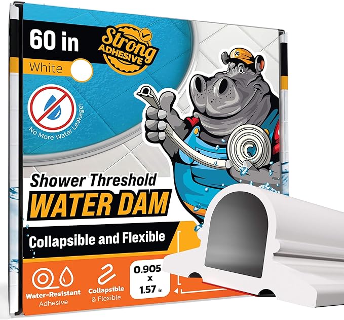 Shower Threshold Water Dam Barrier 60" Rounded - White Collapsible Shower Water Blocker - Guard for Walk in Shower - Water Guard Stopper for Floor - Shower Door Water Blocker - Wheelchair Accessible