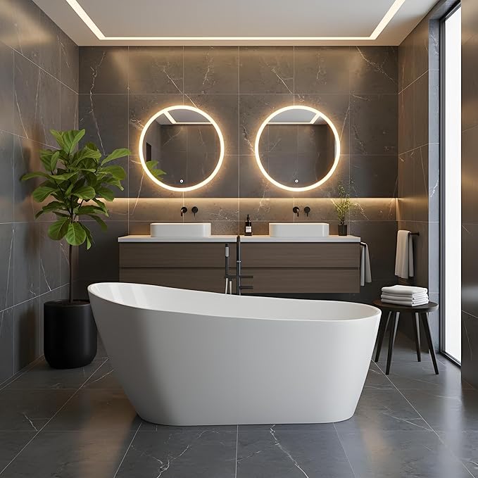 Freestanding Bathtubs 59 inch Acrylic Free Standing Soaking Tub with Integrated Overflow, Luxury Soaking Tub for Modern Bathroom, Chrome Drain Included