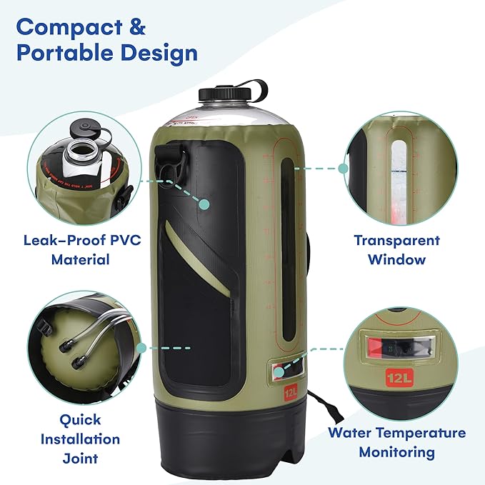 HappyPo Camping Shower - Portable Camping Solar Shower Pump- Shower Bag with Pressure Foot Pump with Temperature Indicator - Camp Water Equipment for Road Travel
