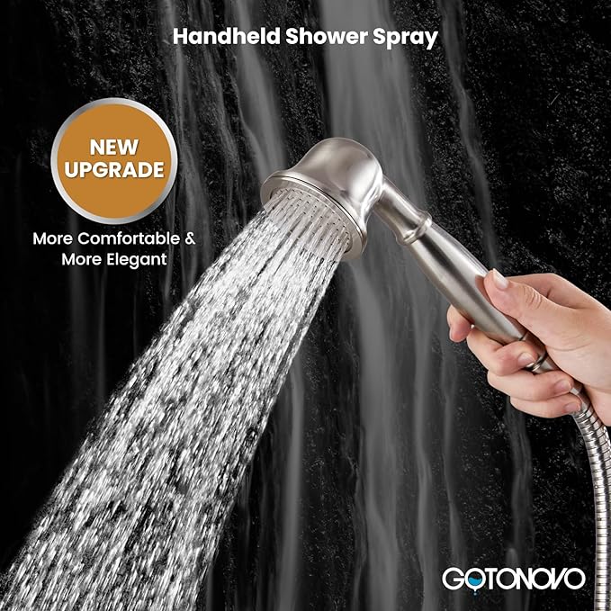 gotonovo Exposed Bathroom Shower System Classic Shower Kit 8 Inch Luxurious Rainfall Shower Head Handheld Spray Tub Filler Brass Pipe 3-Function Wall Mount Double Cross Knobs Brushed Nickel