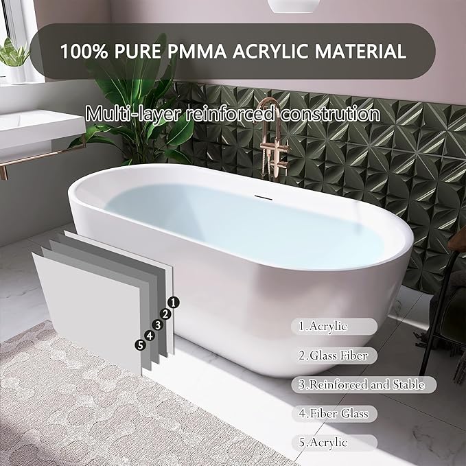 67" Free Standing Tub, Pure Acrylic Freestanding Bathtub, Stylish Stand Alone Tub, Contemporary Deep Soaking Bath Tub, cUPC Certified SY6870 (Glossy White)
