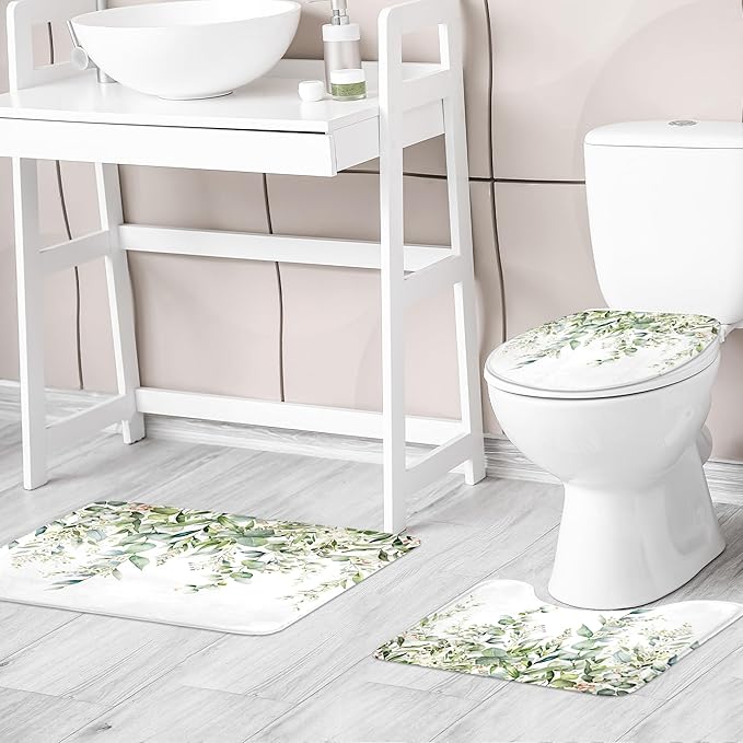 Riyidecor Green Eucalyptus 4Pcs Bathroom Shower Curtain Sets Plants Botanical Leaves Bathroom Decor Set with Rugs and Accessories Green Leaves Toilet Lid Rug, Contour and Bath Mat with 12