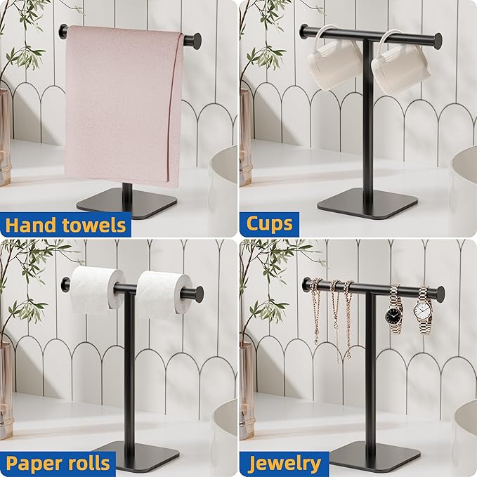 RUACQ T-Shape Hand Towel Holder Stand, Weighted Base Towel Rack, Countertop Towel Holder for Bathroom, 304 Stainless Steel, Heavy Duty (Matte Black)