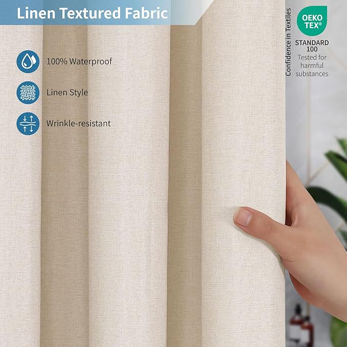 2-in-1 Waterproof Long Fabric Shower Curtain or Liner,Linen Textured,78 Inch Breathable TPU & Washable Bathroom Shower Curtain Set with 12 Plastic Hooks,Modern,72"x78" Cream