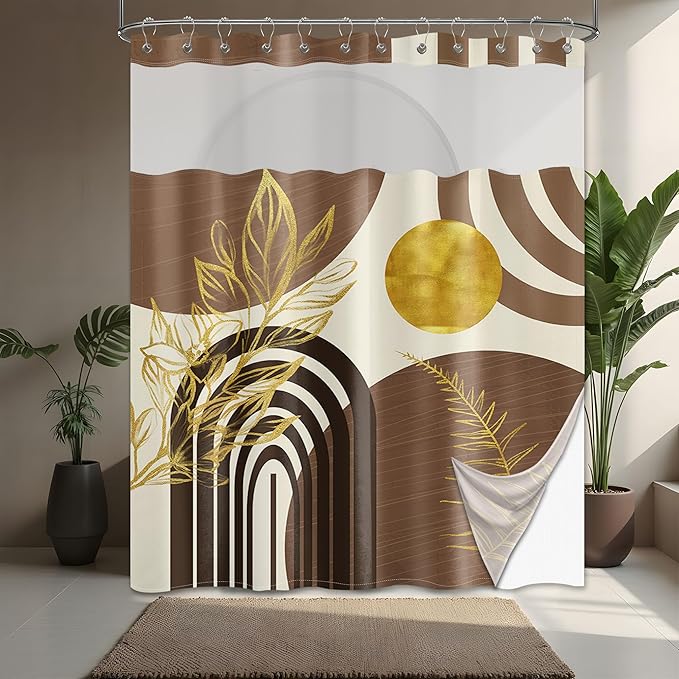 Black and Brown Bohemian See Through Mesh Top Shower Curtain with Window, Dark Tan Mens Double Layer Shower Curtains with Snap in Liner with Magnets, Waterproof Fabric with Hooks, 71x72 in