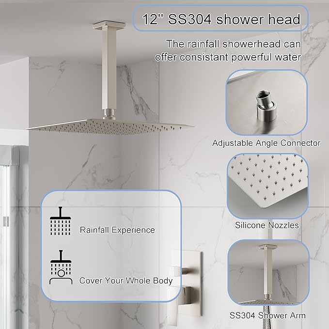 WELLFOR 12-In Ceiling Mount Shower System with Single Handle, Pressure-balanced Valve Included, Waterfall Dual Head Shower Head System, Rain Shower System, Shower Faucet Trim Kits, Brushed Nickel